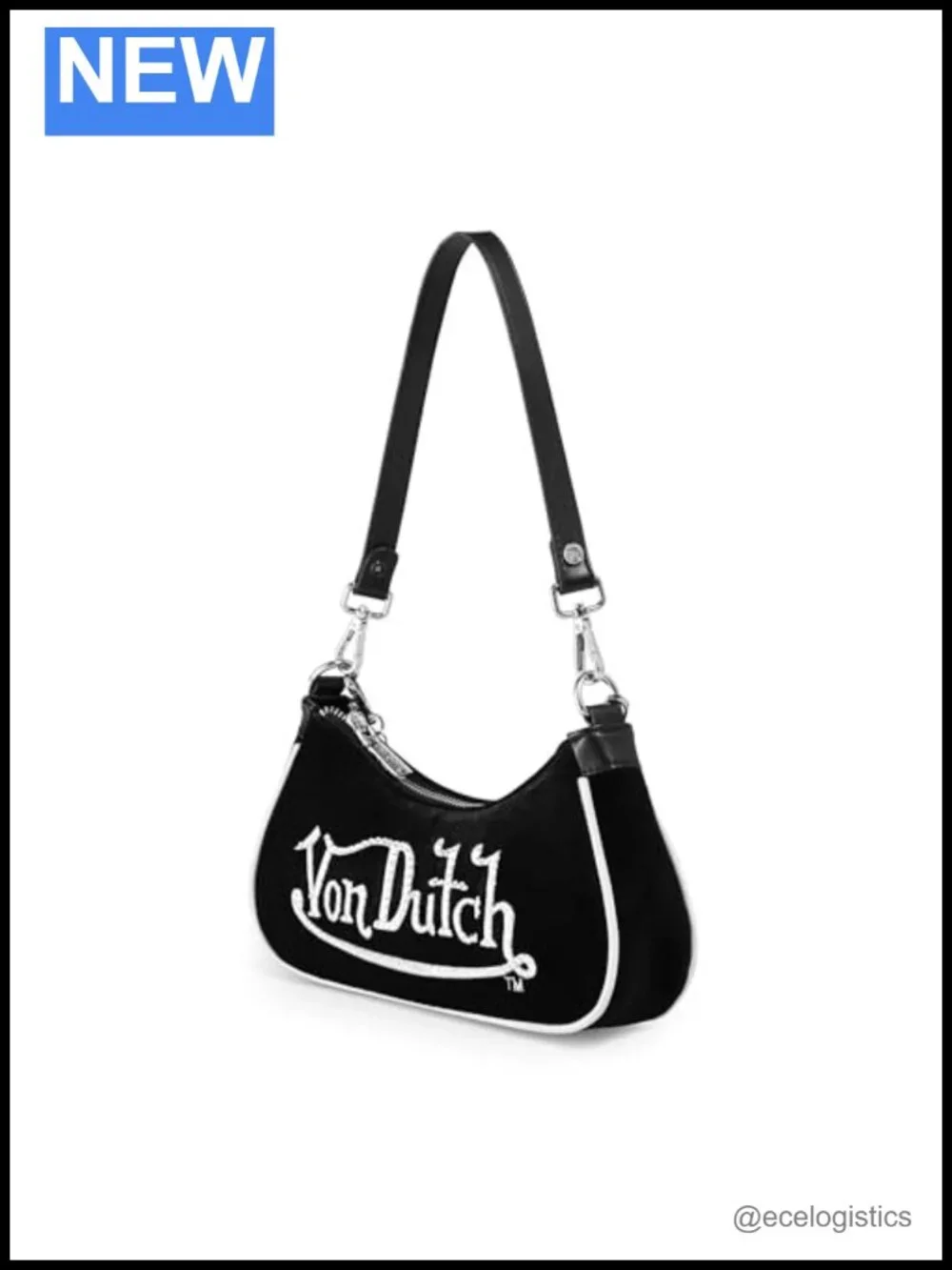 Von Dutch Velvet Shoulder Bag Rhinestone Logo Baguette Purse